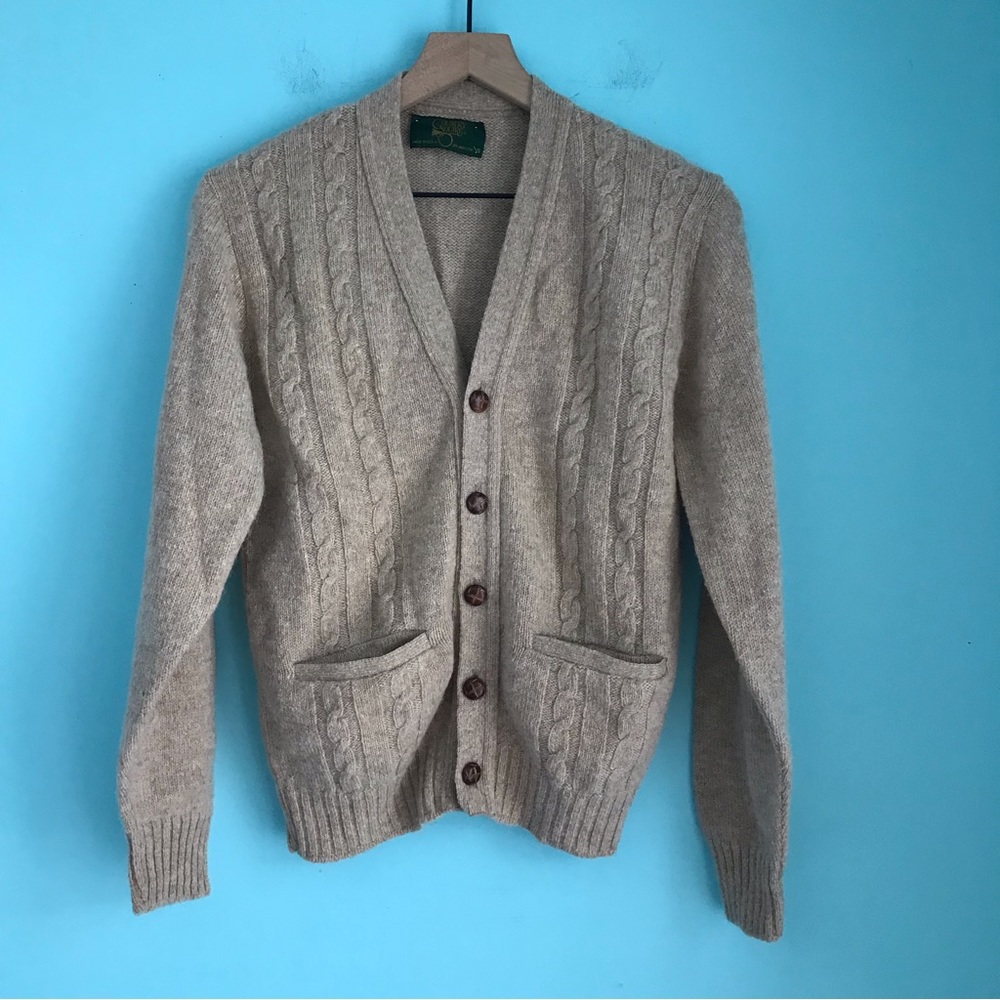 Country Square Jantzen Vintage Cable Chunky Wool Sweater Grandpa Cardigan USA S - Picture 1 of 13